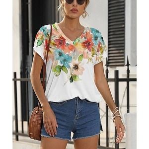 New With Tag - PixieLady White & Pink Floral V-Neck Tee - Women's Size Small